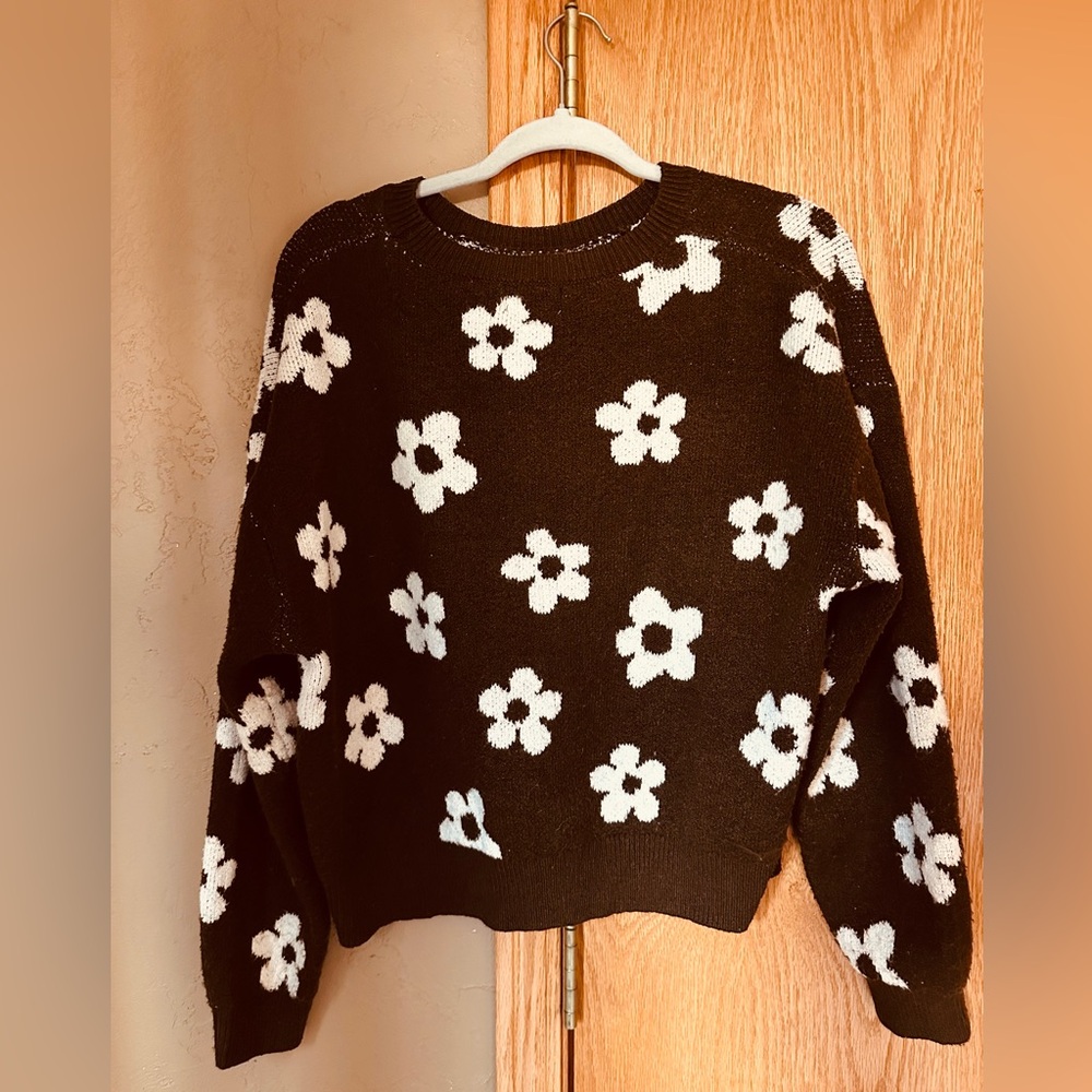 Brown and White Soft Floral Print Sweater